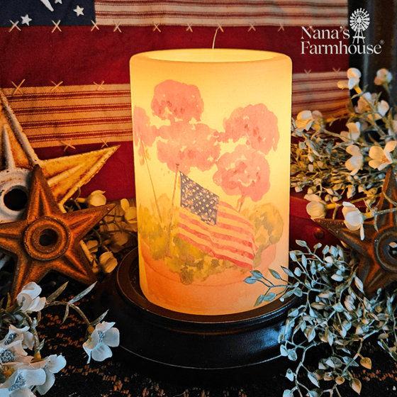 Large Red Geranium Flag Candle Sleeve Antique Vanilla