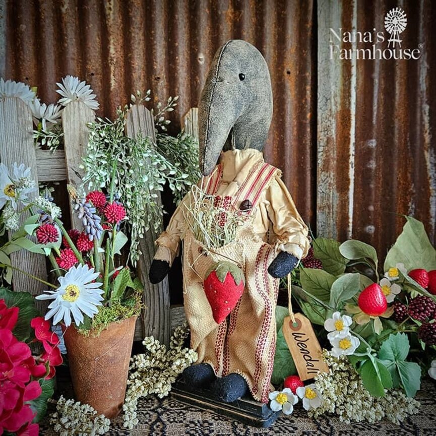 Wendall Boy Crow Doll Red Grain Sack Overalls with Strawberry - 16.5"