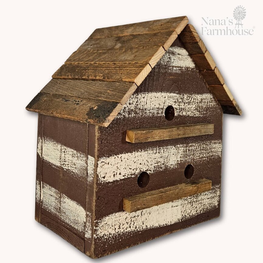 Cabin Bird House Lath Roof 3 Hole - 14"x12"x 9.5"