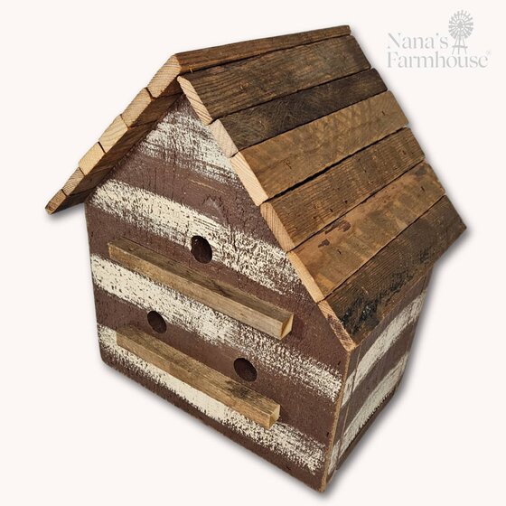 Cabin Bird House Lath Roof 3 Hole Wooden - Small
