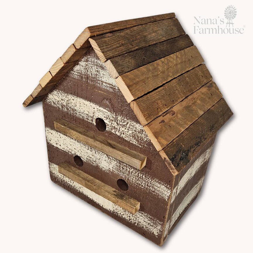 Cabin Bird House Lath Roof 3 Hole - 14"x12"x 9.5"