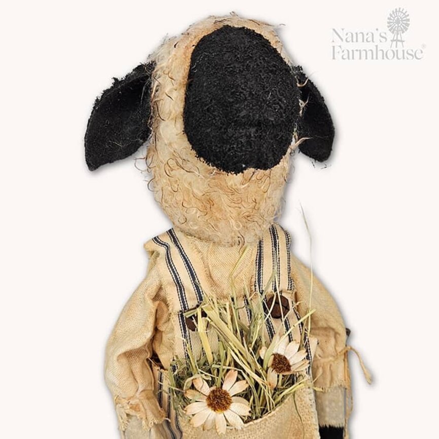 Dorothy Girl Sheep Doll in Blue Ticking Apron with Flowers - 16.5"