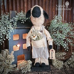 Dorothy Girl Sheep Doll in Blue Ticking Apron with Flowers - 16.5"