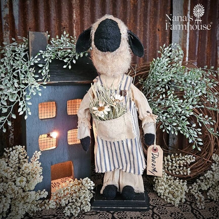 Dorothy Girl Sheep Doll in Blue Ticking Apron with Flowers - 16.5"