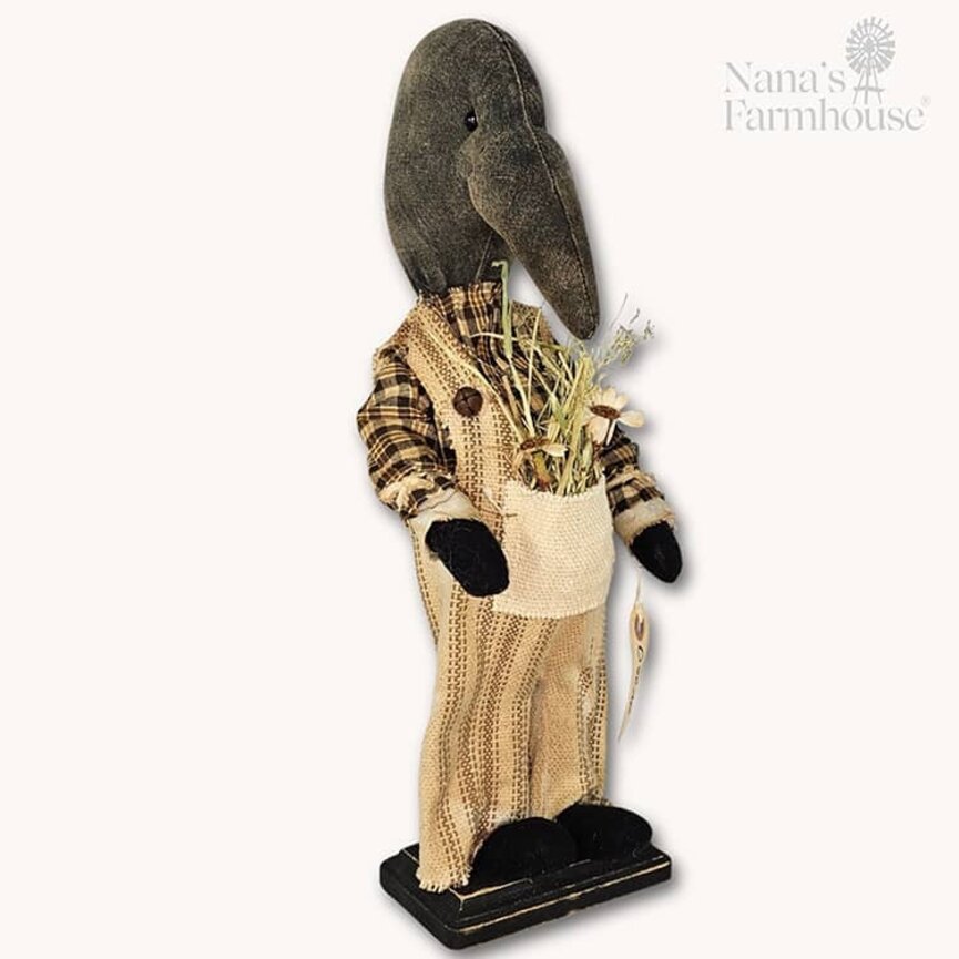 Oscar Boy Crow Tan Grain Sack Overalls with Flowers In Pocket - 16.5"