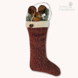 Mouse In Stocking with Wire Hanger Ornament Red Herringbone - 10"