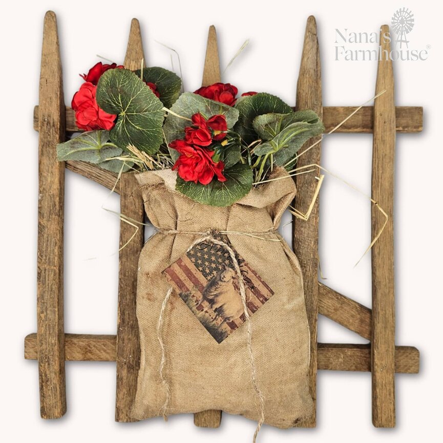 Picket Fence with Geranium In Burlap Bag - 17" x 16"