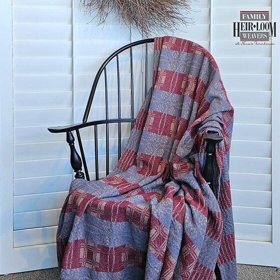 Whig Rose Denim Blue Burgundy Stripe Twill Blanket Throw