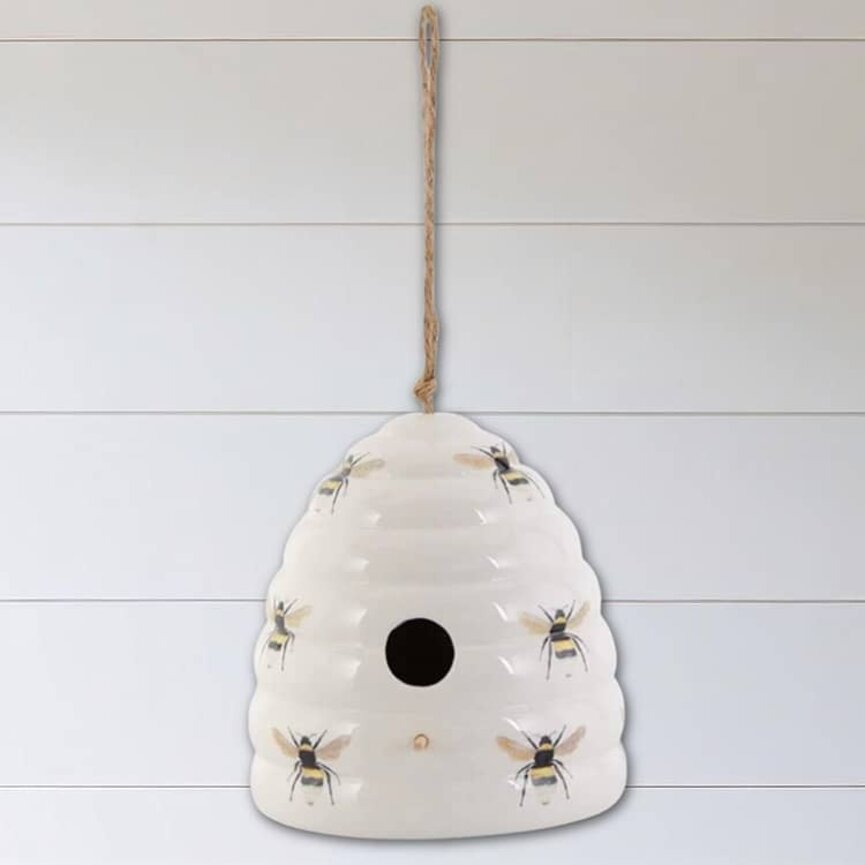 White Ceramic Beehive Birdhouse with Bee Decals - 7.5"
