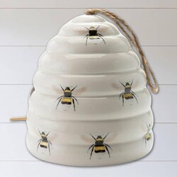 White Ceramic Beehive Birdhouse with Bee Decals - 7.5"