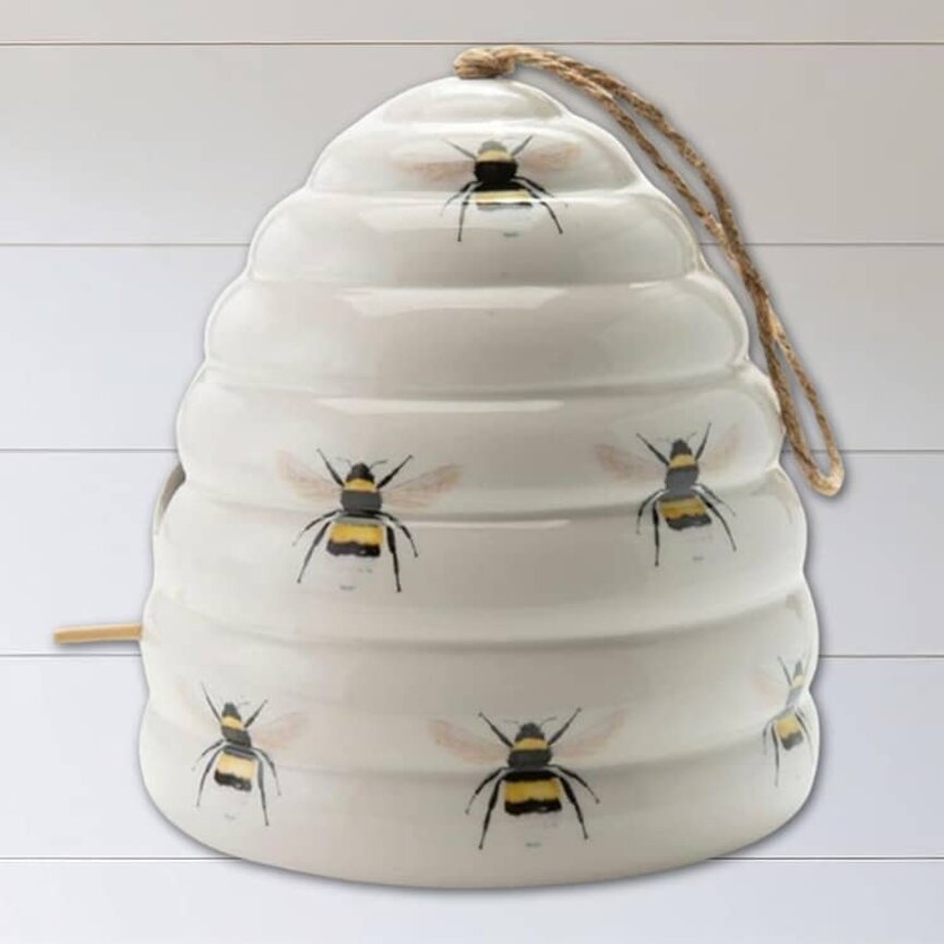 White Ceramic Beehive Birdhouse with Bee Decals - 7.5"