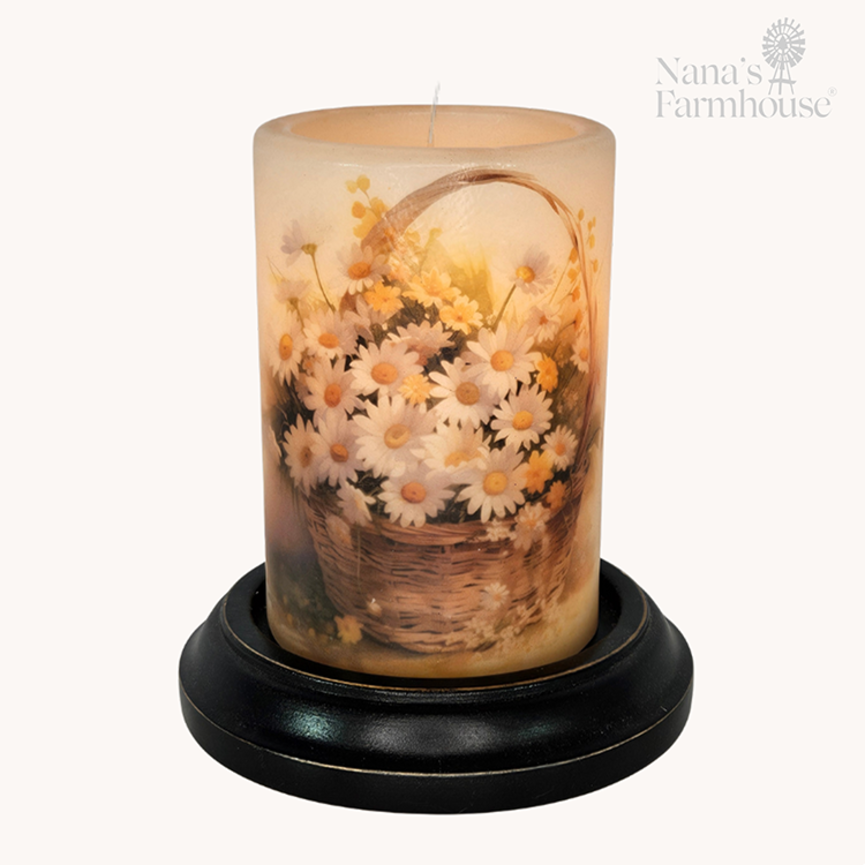 White Daisy Basket Candle Sleeve Antique Vanilla