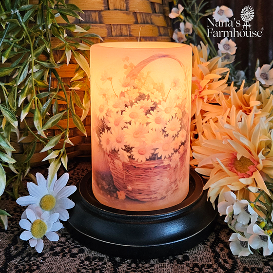 White Daisy Basket Candle Sleeve - Antique Vanilla