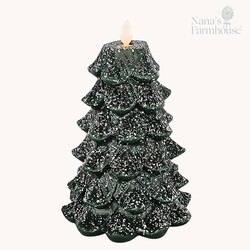 Green Christmas Tree with White Glitter Moving Flame LED Candle - 6.5" x 5"