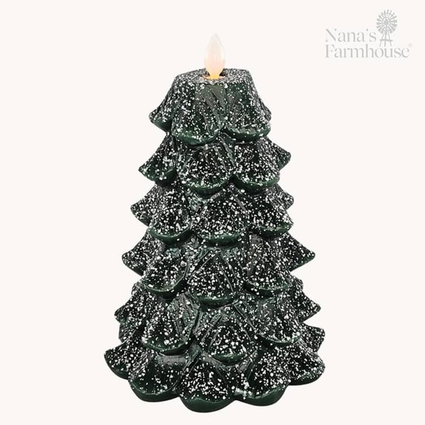 Green Christmas Tree with White Glitter Moving Flame LED Candle - 6.5" x 5"