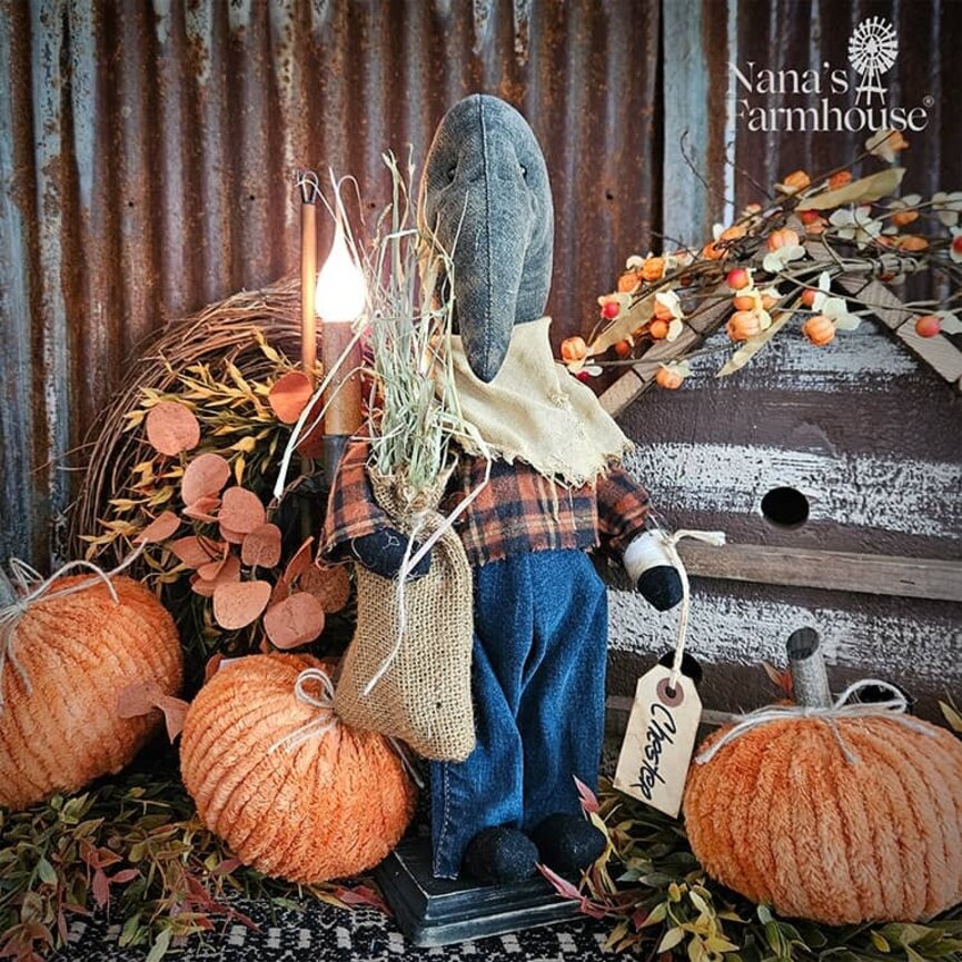 Chester Crow Doll Orange Plaid Shirt with Long Bag Of Grass - 16.5"