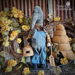 Johnny Boy Crow Doll Denim Overalls and Bee Skep - 16.5"