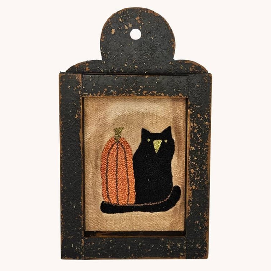 Distressed Framed Muslin Needle Punch Black Cat & Orange Pumpkin - 12" x 7"