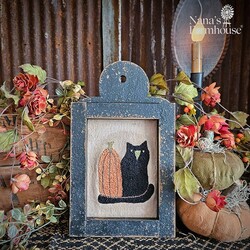 Distressed Framed Muslin Needle Punch Black Cat & Orange Pumpkin - 12" x 7"