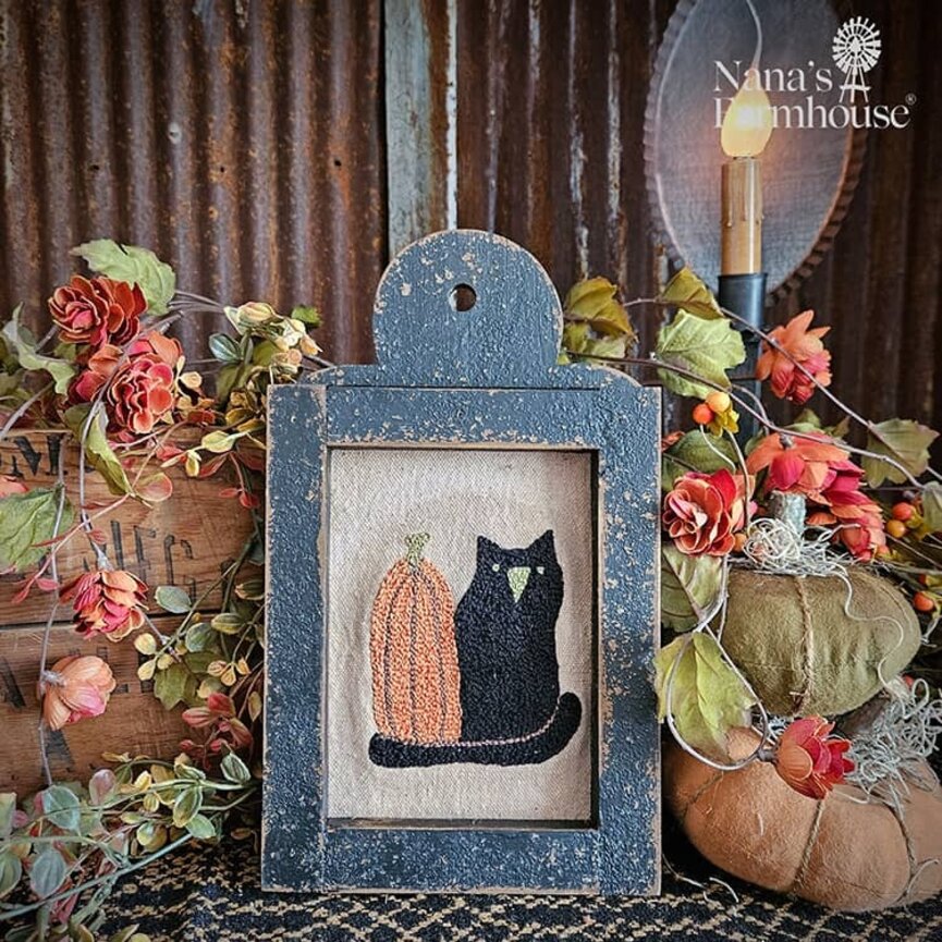 Distressed Framed Muslin Needle Punch Black Cat & Orange Pumpkin - 12" x 7"