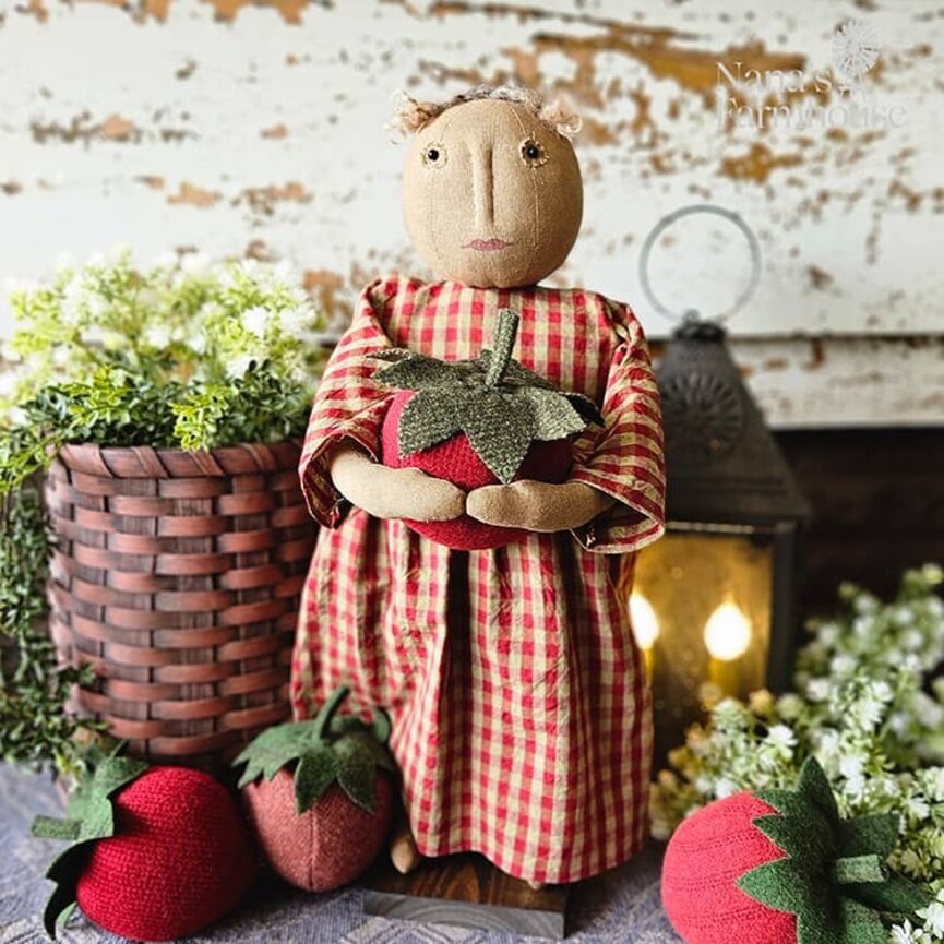 Girl Doll with Large Strawberry Red Tan Checked Dress - 23"