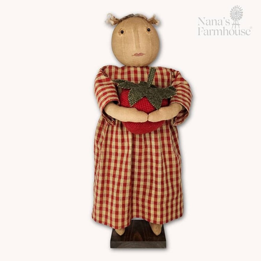 Girl Doll with Large Strawberry Red Tan Checked Dress - 23"