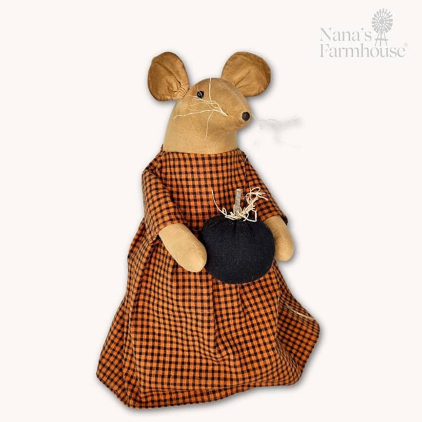 Weighted Base Mouse with Black Pumpkin Burnt Orange Checked Dress - 13"