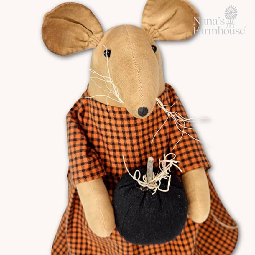 Weighted Base Mouse with Black Pumpkin Burnt Orange Checked Dress - 13"