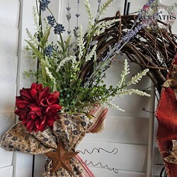 Grape Vine Wreath with Rusty Stars, Red Peony, Floral & Revere Hat - 27" x 17"