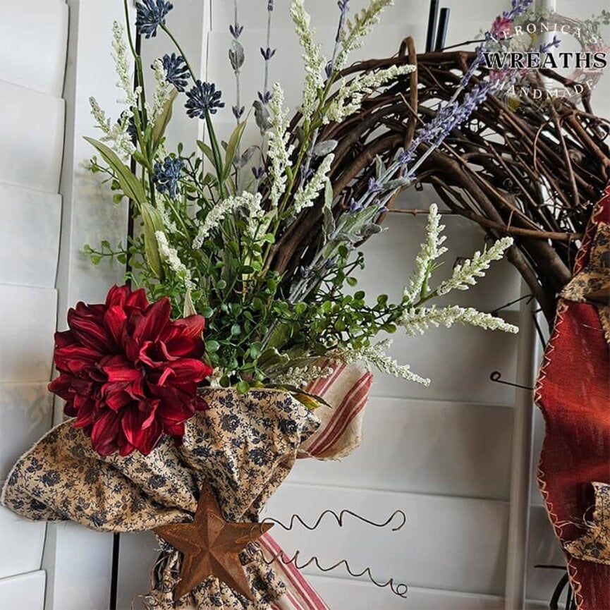 Grape Vine Wreath with Rusty Stars, Red Peony, Floral & Revere Hat - 27" x 17"