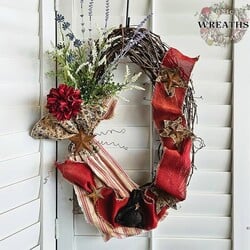 Grape Vine Wreath with Rusty Stars, Red Peony, Floral & Revere Hat - 27" x 17"