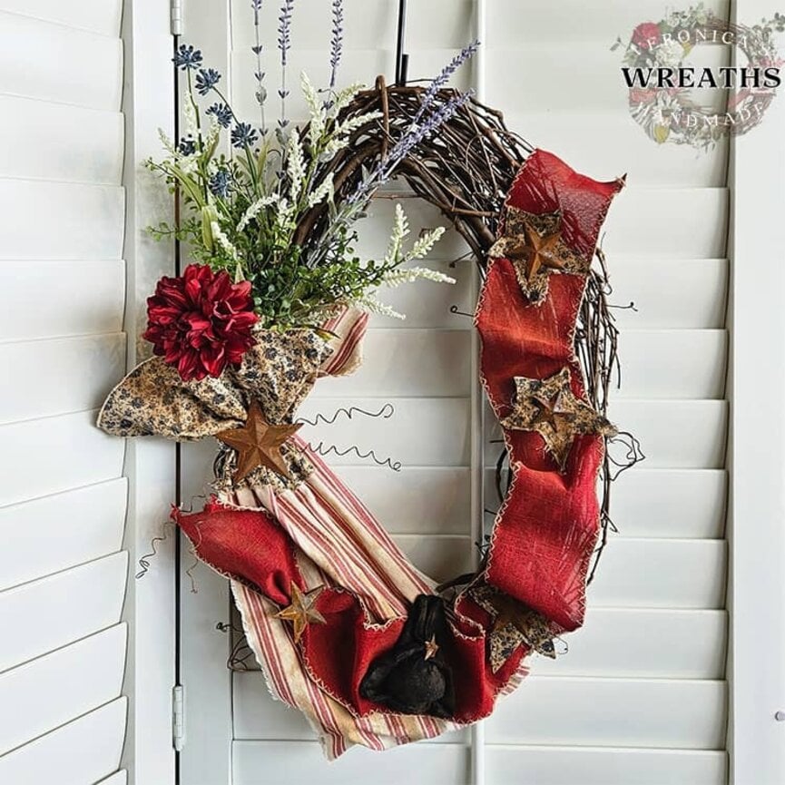 Grape Vine Wreath with Rusty Stars, Red Peony, Floral & Revere Hat - 27" x 17"