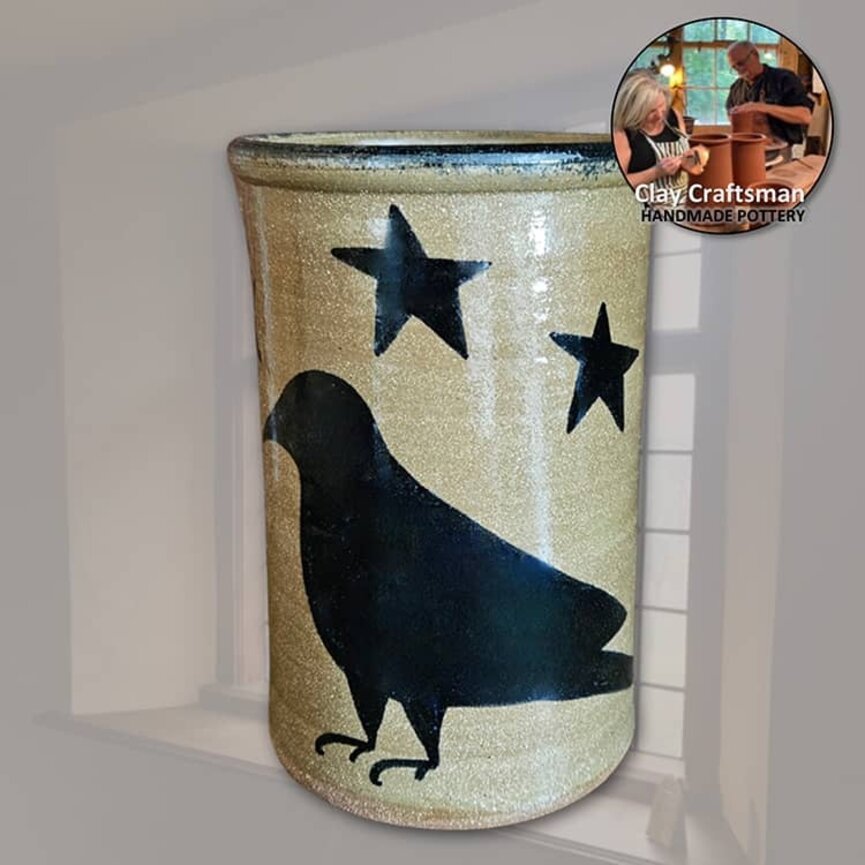 Clay Craftsman Brown Pottery Canning Crock Crow & Stars - 7"