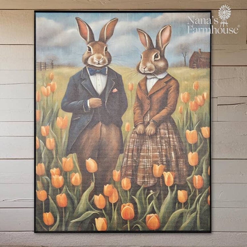 Rabbit Couple Orange Tulips Canvas Print - 8" x 10"