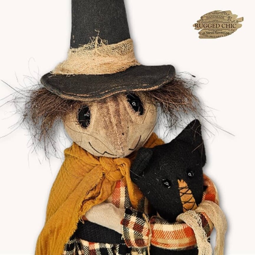 Agnes the Witch Doll with Black Cat & Pumpkin Bucket - 31"