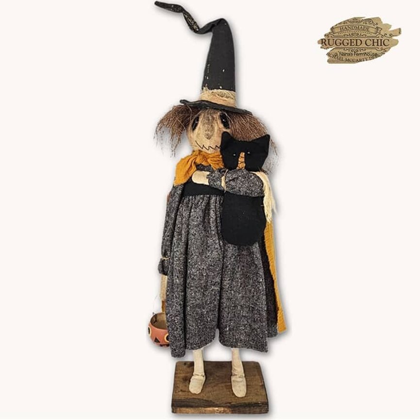 Lizzie the Witch with Straw Hair, Black Dress with Cat & Pumpkin Bucket - 32"