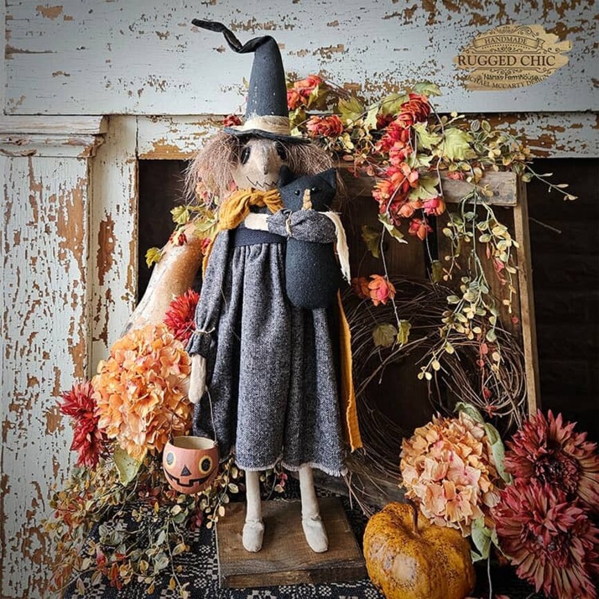 Lizzie the Witch with Straw Hair, Black Dress with Cat & Pumpkin Bucket - 32"