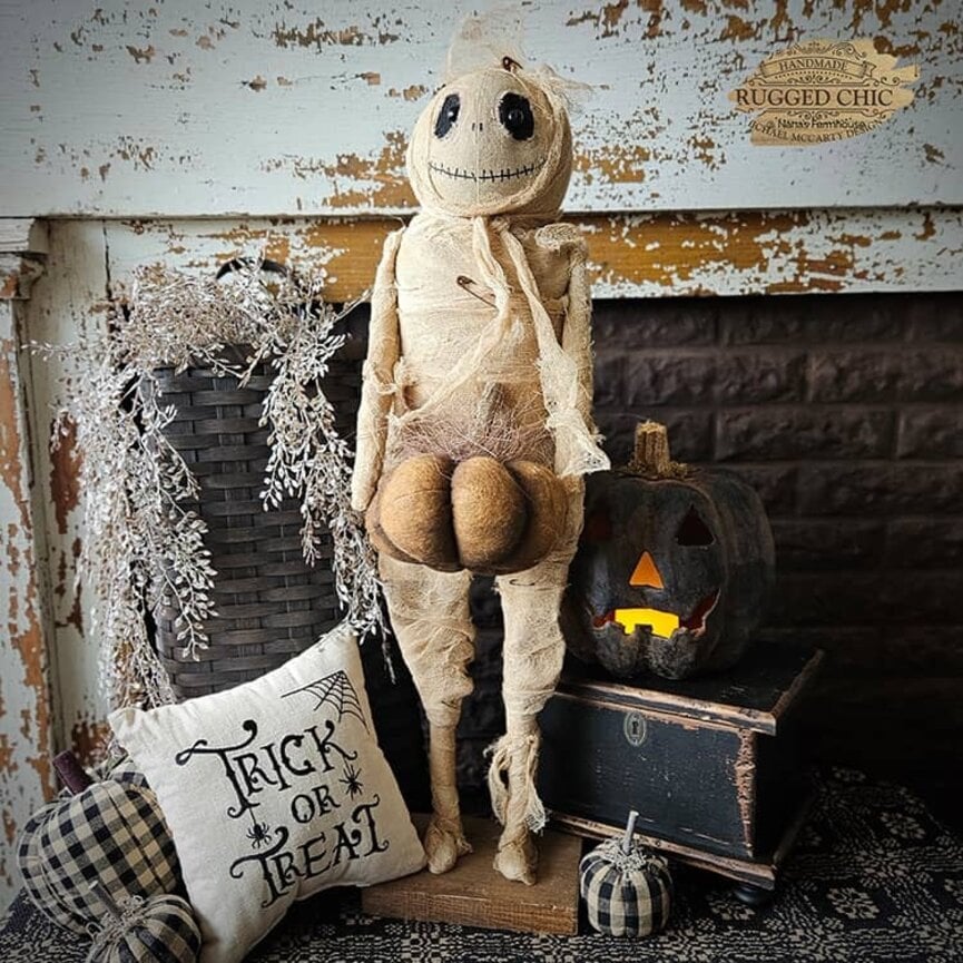 Rugged Chic Mummy  Wrapped In Gauze Holding Pumpkin - 30"