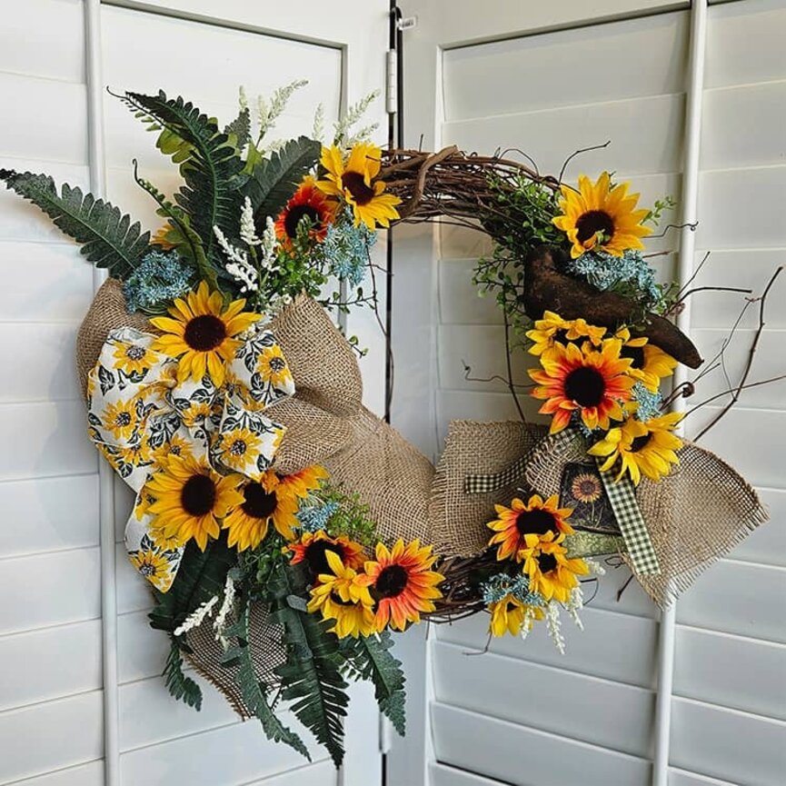 Sunflowers & Crow Grapevine Floral Wreath