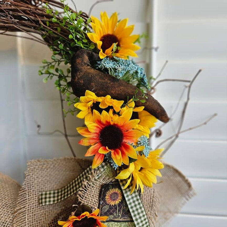 Sunflowers & Crow Grapevine Floral Wreath