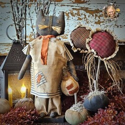 Delilah Cat Navy Ticking Dress with Be Thankful Pumpkin - 22"