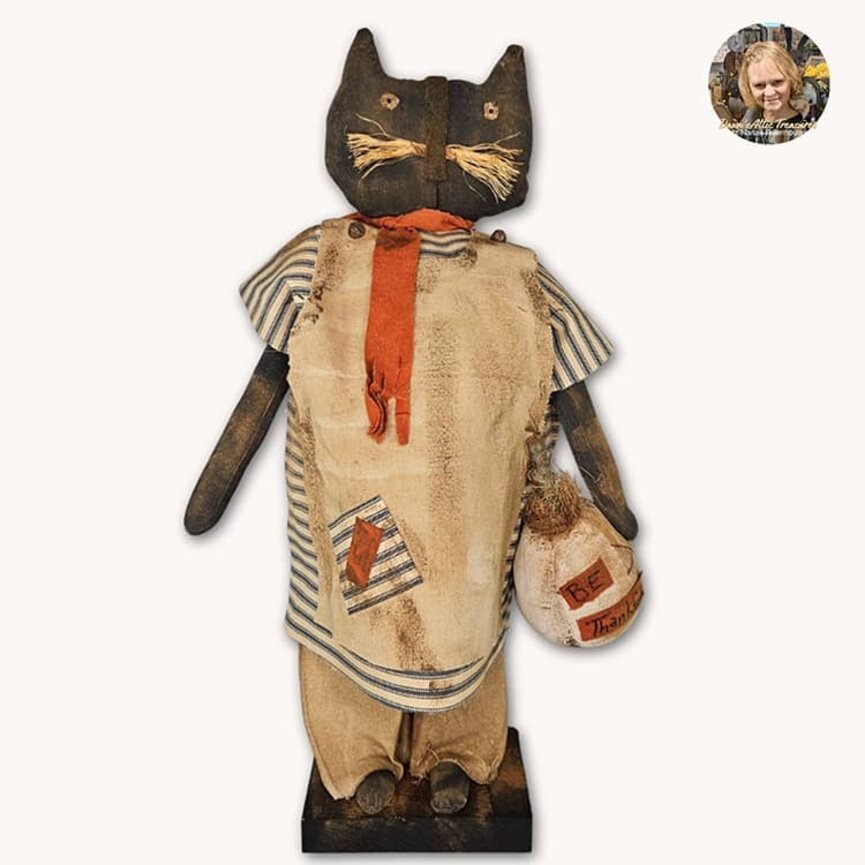 Delilah Cat Navy Ticking Dress with Be Thankful Pumpkin - 22"