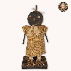 Mrs. Little Scarecrow Doll Fall Mustard Print Dress Stick Arms Straw Feet - 14"