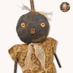 Mrs. Little Scarecrow Doll Fall Mustard Print Dress Stick Arms Straw Feet - 14"