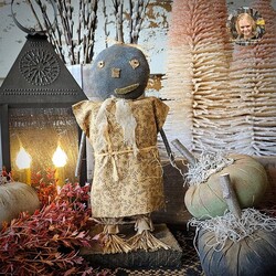 Mrs. Little Scarecrow Doll Fall Mustard Print Dress Stick Arms Straw Feet - 14"