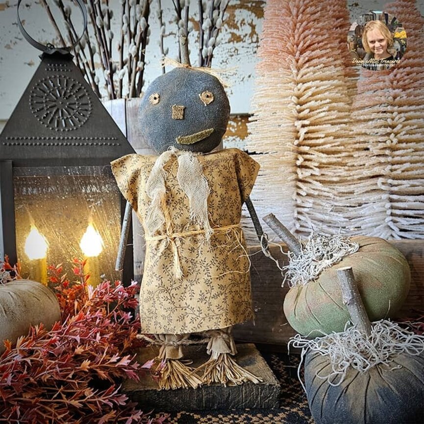 Mrs. Little Scarecrow Doll Fall Mustard Print Dress Stick Arms Straw Feet - 14"