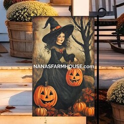 Whimsical Good Witch Garden Flag Jack O Lanterns Double Sided - 17.25" x 12.5"
