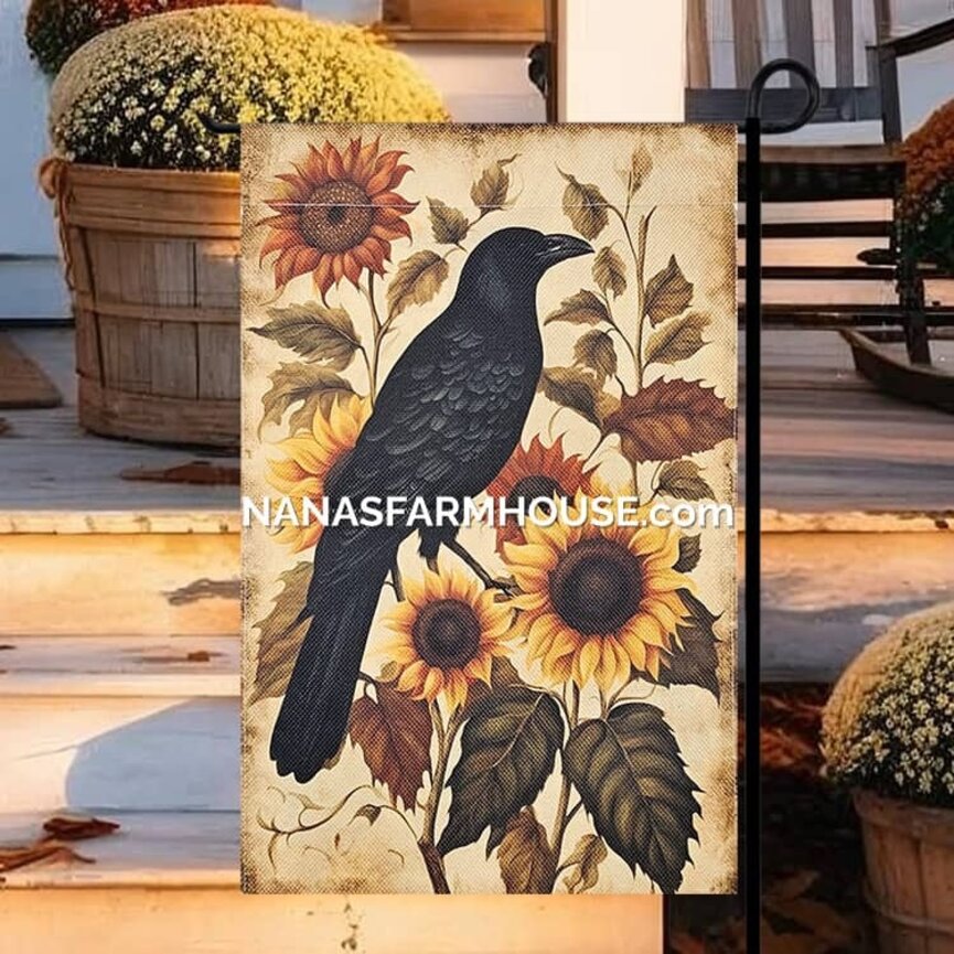 Sunflower Crow Garden Flag Double Sided - 17.25" x 12.5"