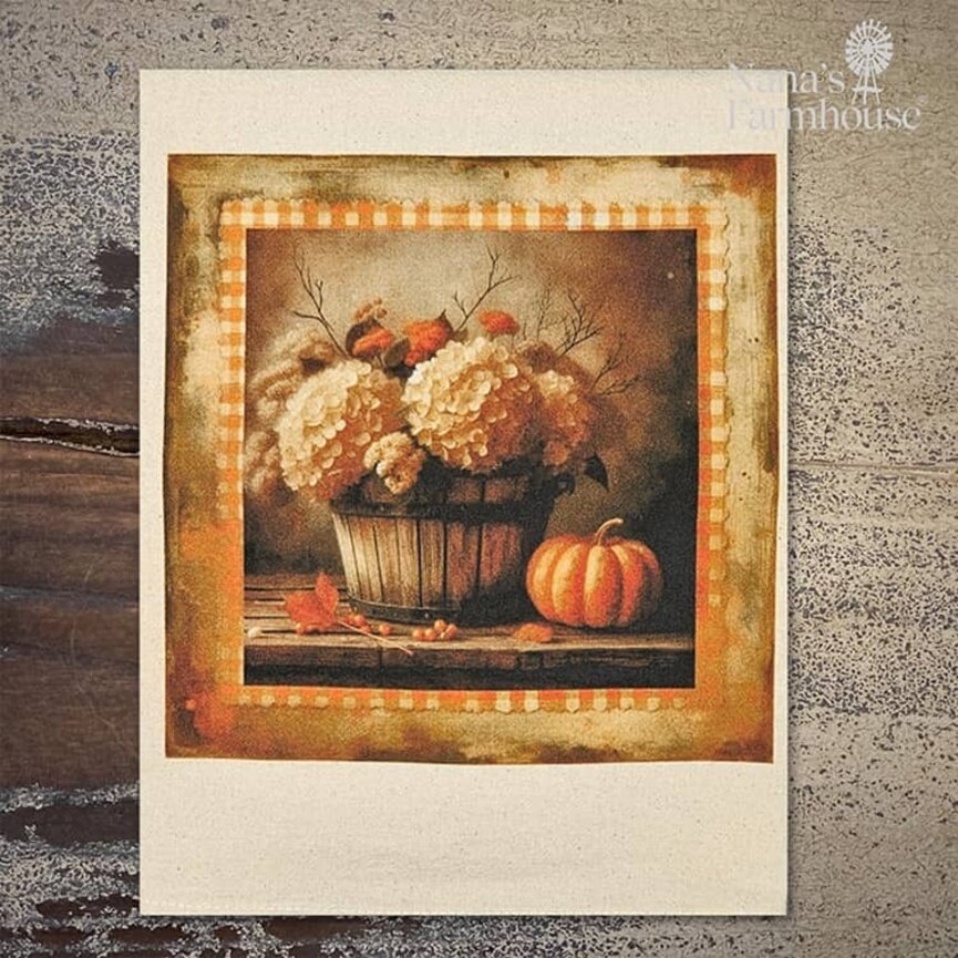Flour Sack Towel Hydranga & Pumpkins In Barrel - 27" x 27"