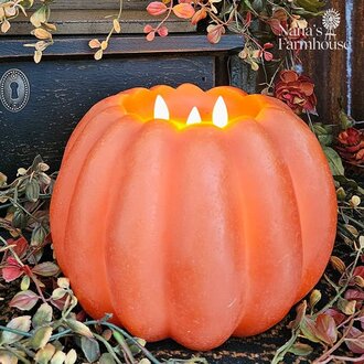 Orange Pumpkin Carved Moving Flame LED Candle - 6" T